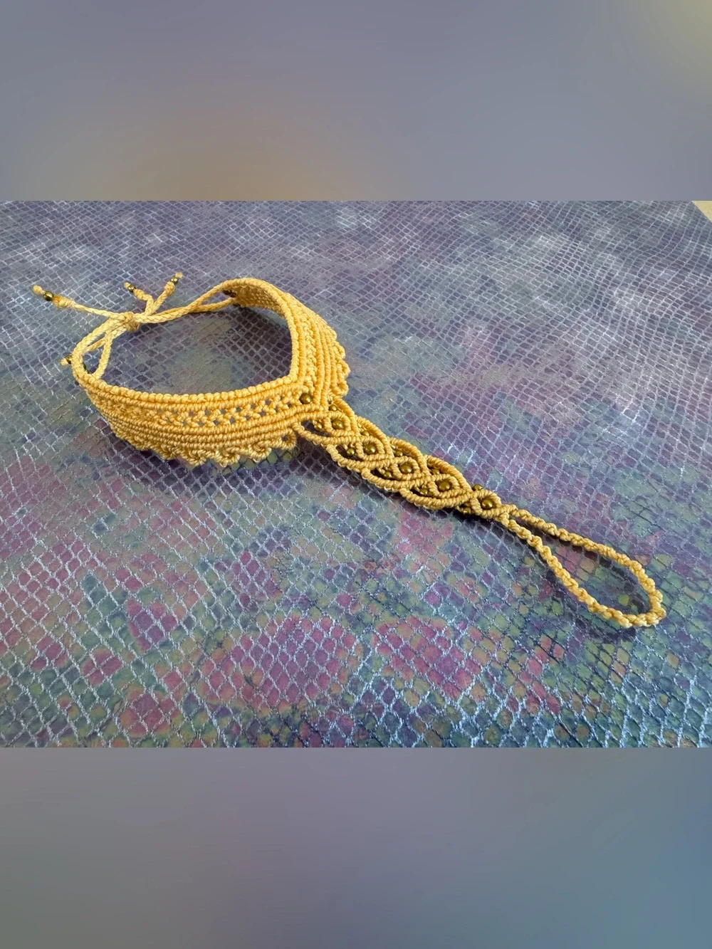 Macrame Hand Bracelet, Hand Flower, Hand Chain, Haarh Phool in Peach and Gold - Picture 4 of 4